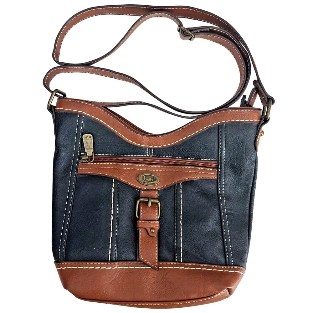 BOC Born Concepts Crossbody Bucket Bag Black Brown Vegan Leather White Stitching